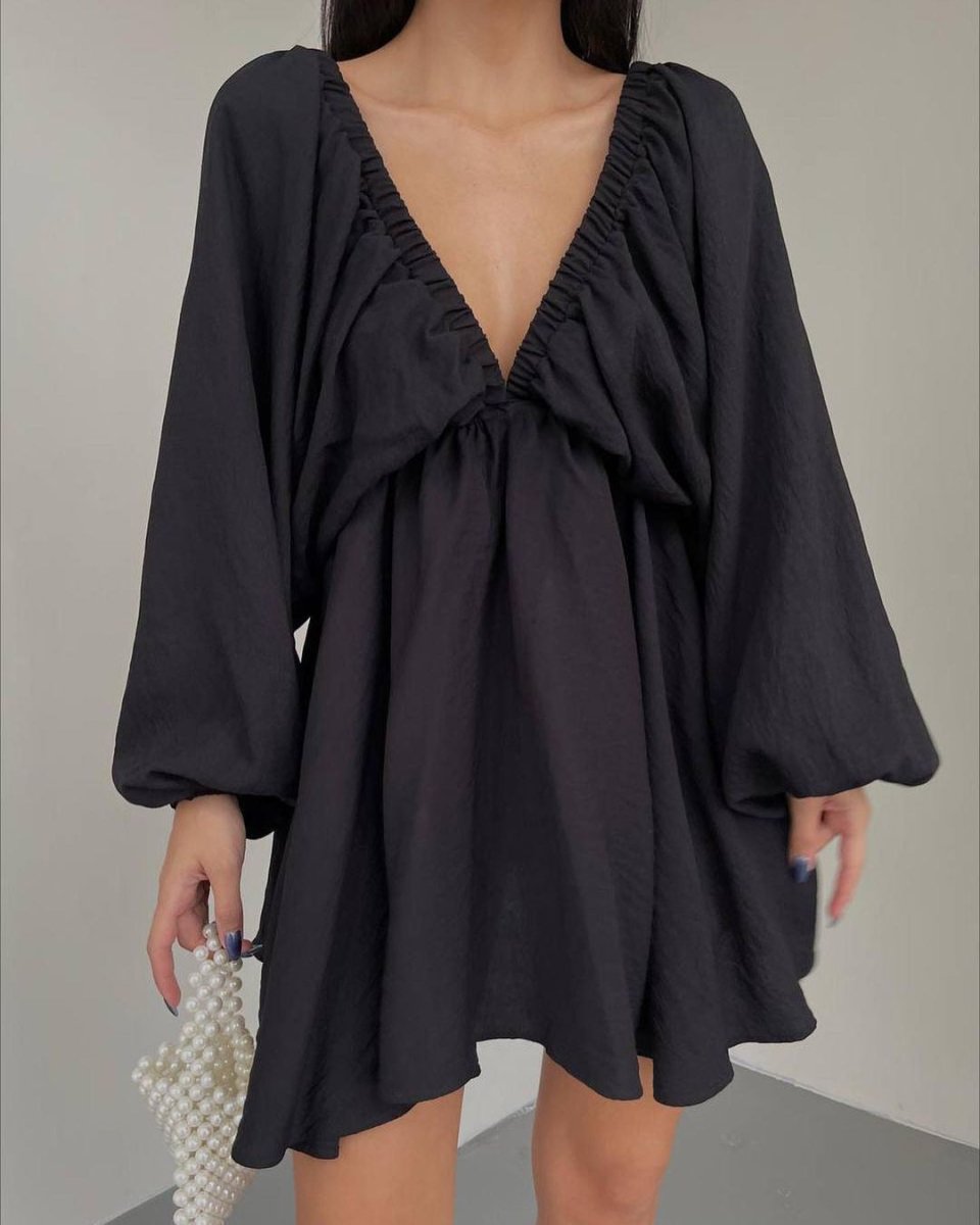 V-neck Lantern Sleeve Dress Fashion Loose Long-sleeved Dresses For Women Clothing