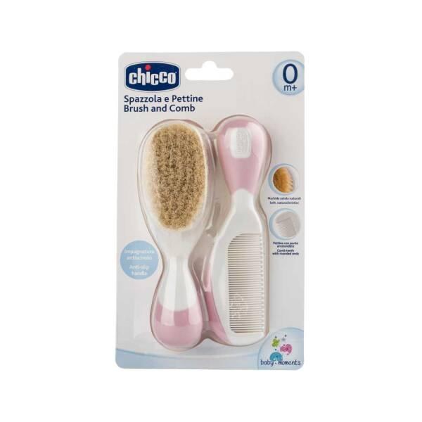 Chicco Baby Hair Brush and Comb Set for Newborns - Gentle Natural Bristle Brush and Safe Round-Tipped Comb for Infant Hair Care