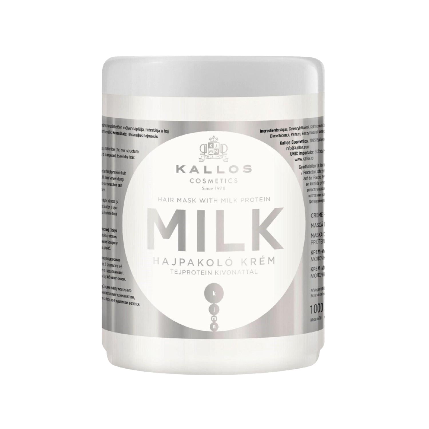 Kallos Cosmetics Milk Protein Hair Care Mask 1000ml - Nourishing & Moisturizing Protein-Based Formula for Dry & Damaged Hair