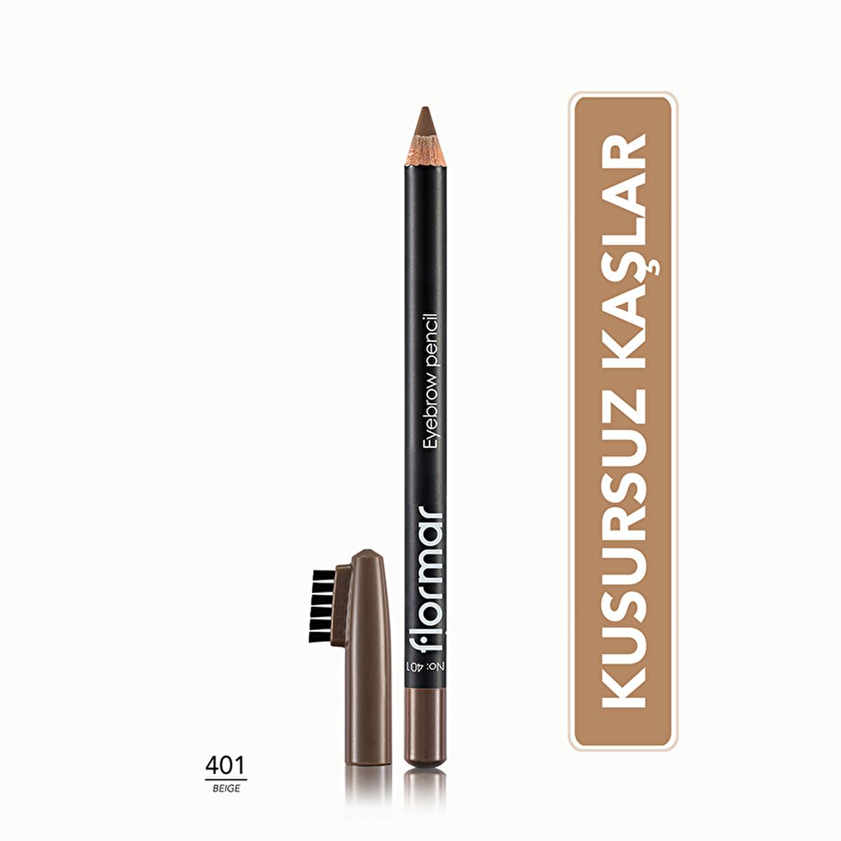 Flormar Eyebrow Pencil with Soft Tip and Built-in Brush - 401 Beige, Natural Eyebrow Makeup