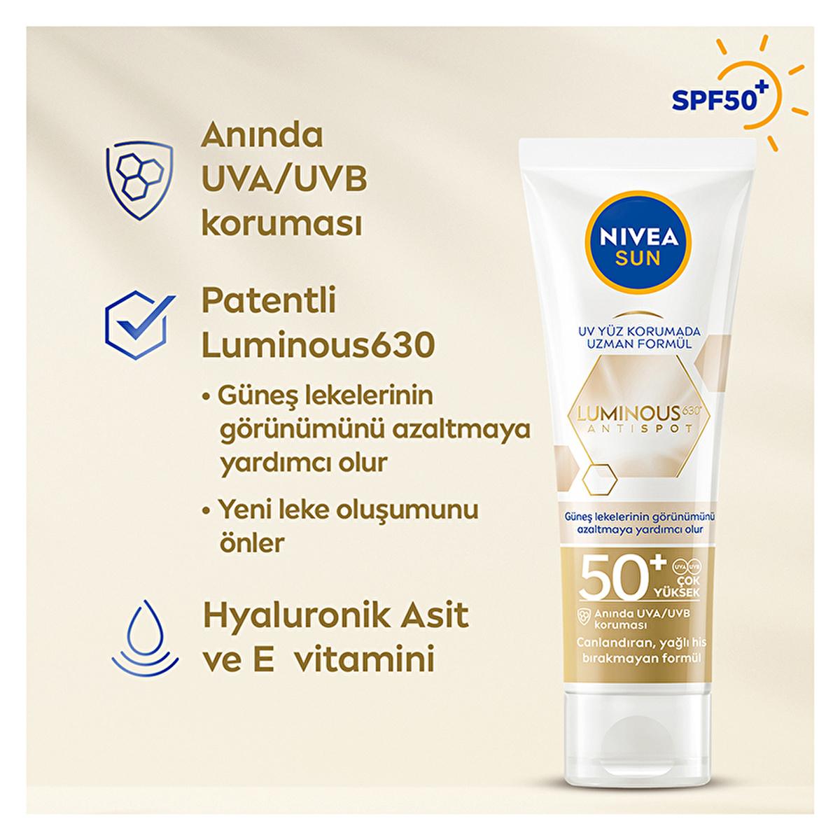 Nivea Sun Luminous630 SPF 50 Face Sunscreen: Reduce Dark Spots, Anti-Aging, Hyaluronic Acid - Daily Sun Protection Cream