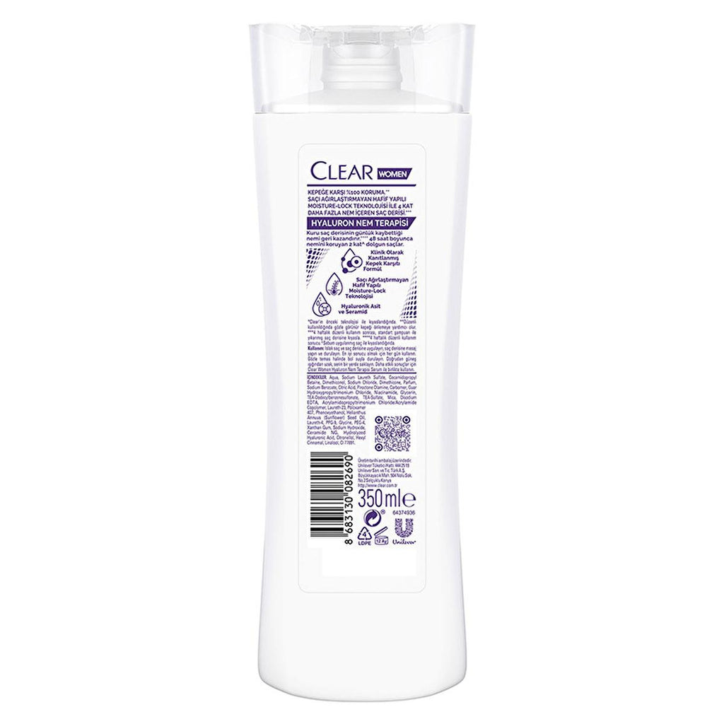 Clear Women Hyaluron Moisture Therapy Anti-Dandruff Shampoo - 48H Hydration, Dry Scalp Treatment, Volumizing