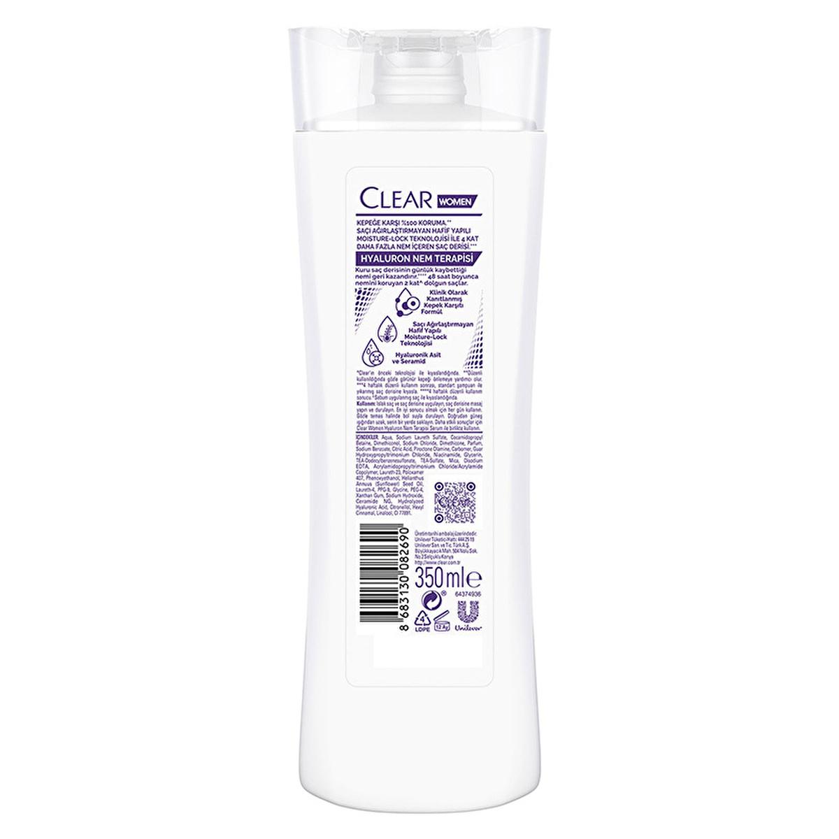 Clear Women Hyaluron Moisture Therapy Anti-Dandruff Shampoo - 48H Hydration, Dry Scalp Treatment, Volumizing