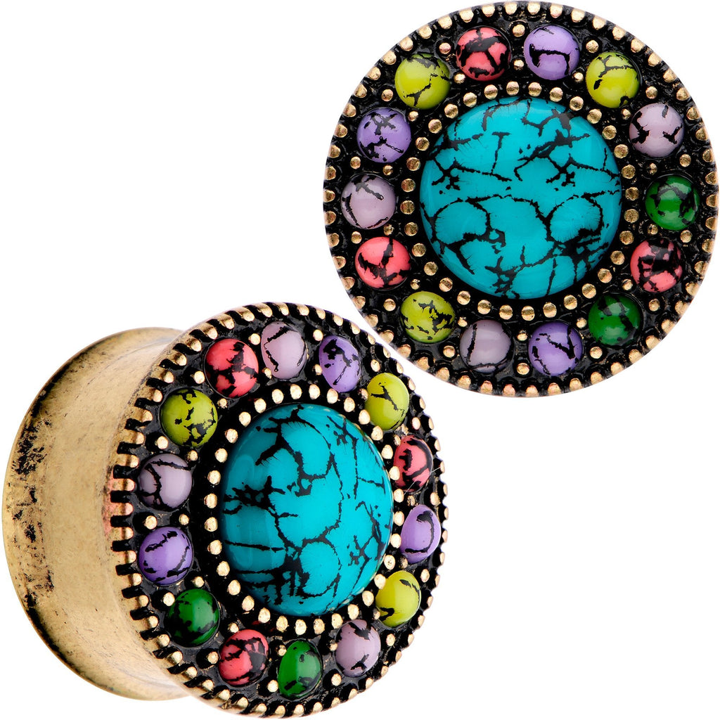 BodyCandy Gold Plated Southwestern Stone Age Double Flare Plug Set 2G to 22mm — size reference