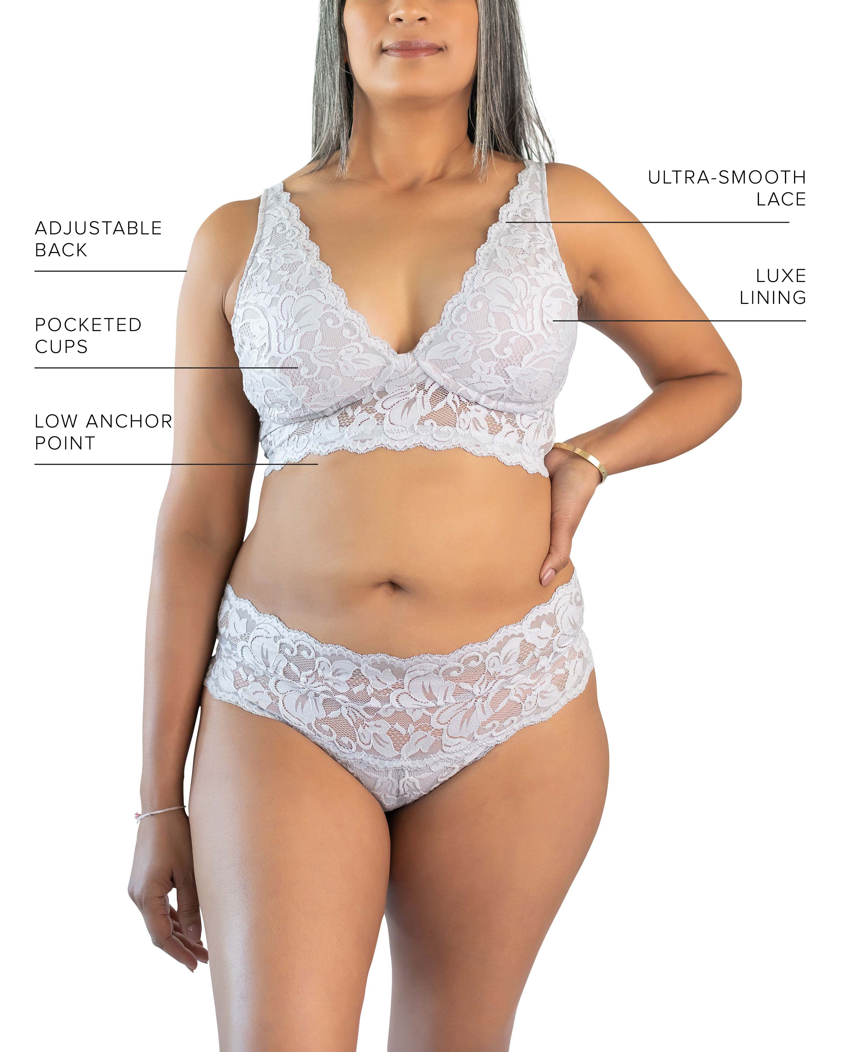 Everviolet Vela Wireless Bra, Grey / Mauve — in-use photo