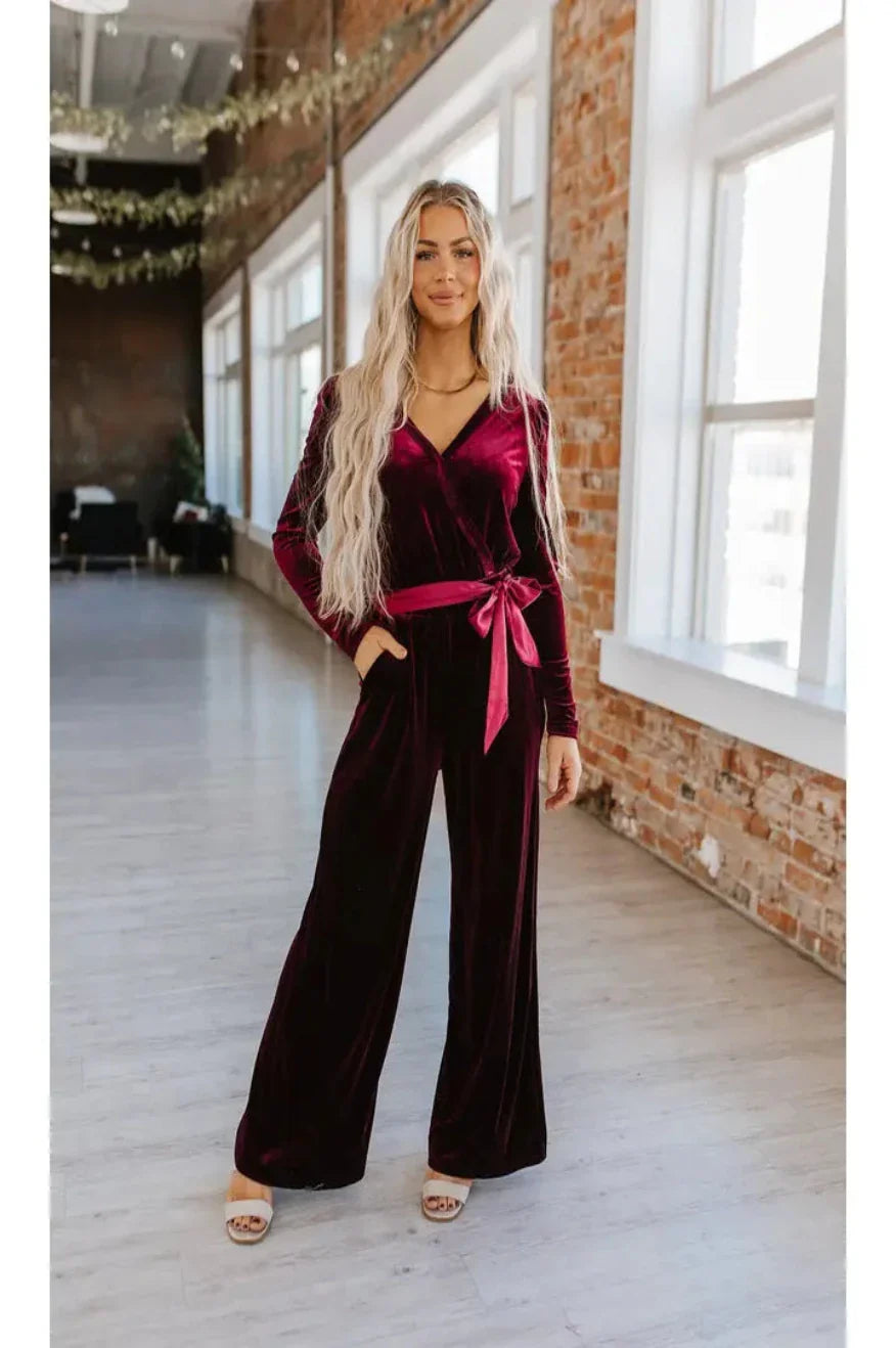 Pretty Little Patriot Pretty Little Patriot Red Velvet Keyhole Jumpsuit — product category context