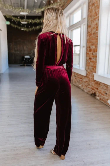 Pretty Little Patriot Pretty Little Patriot Red Velvet Keyhole Jumpsuit — Pretty Little Patriot branding close-up