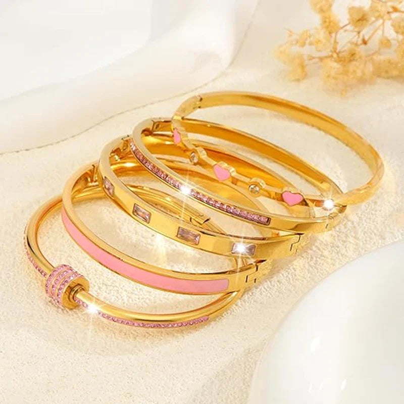 MyClosetAid Stackable Gold Bangle Bracelet Set with Pink Accents