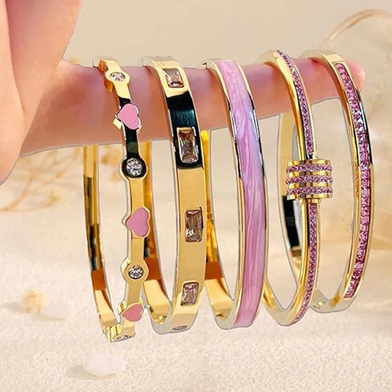 MyClosetAid Stackable Gold Bangle Bracelet Set with Pink Accents