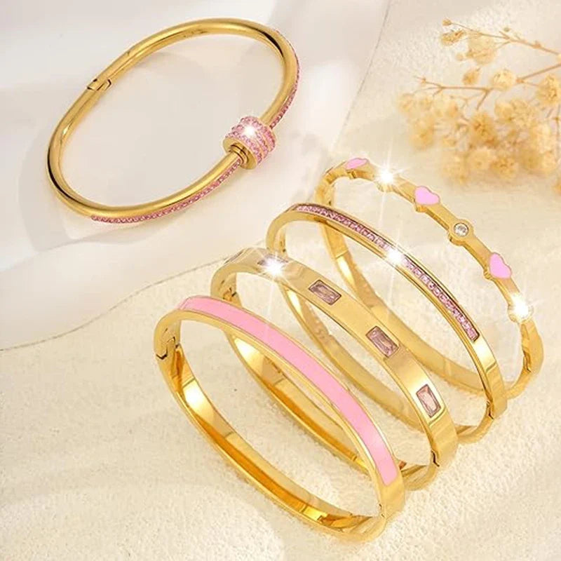 MyClosetAid Stackable Gold Bangle Bracelet Set with Pink Accents