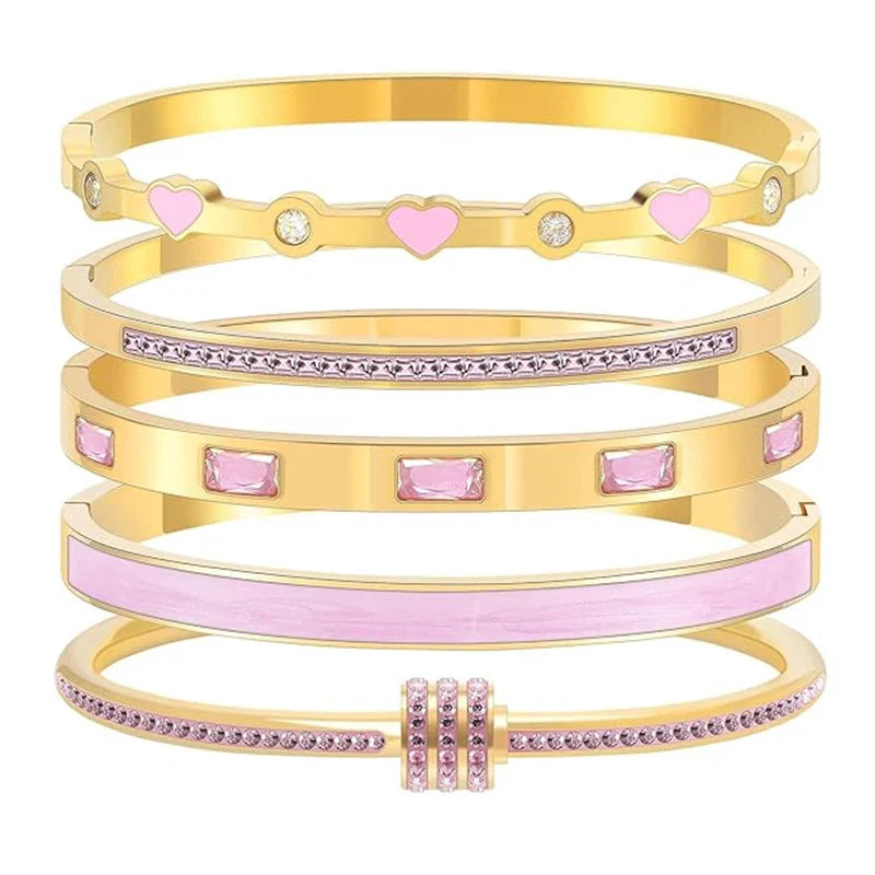 MyClosetAid Stackable Gold Bangle Bracelet Set with Pink Accents