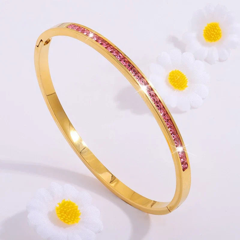 MyClosetAid Stackable Gold Bangle Bracelet Set with Pink Accents
