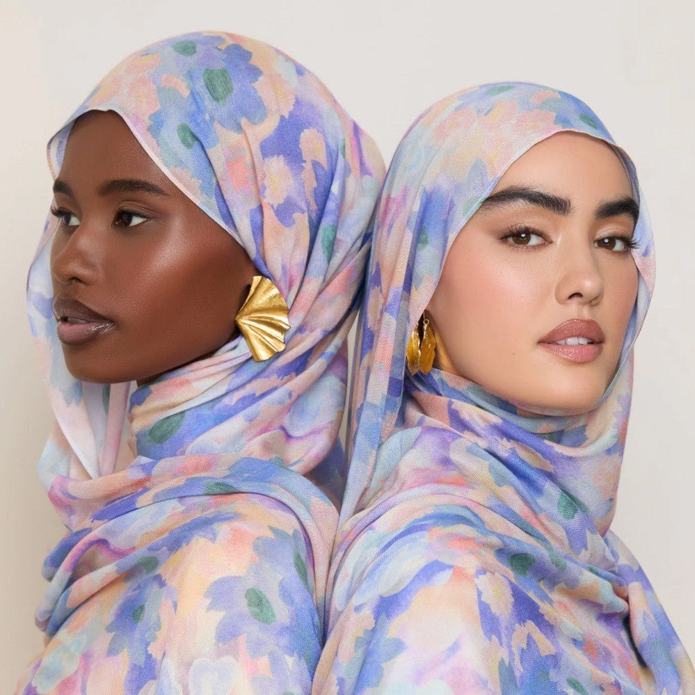 Mariam's Collection Vibrant Floral Print Scarf Hijab | Lightweight Botanical Headscarf  (MH159) — Mariam's Collection branding close-up