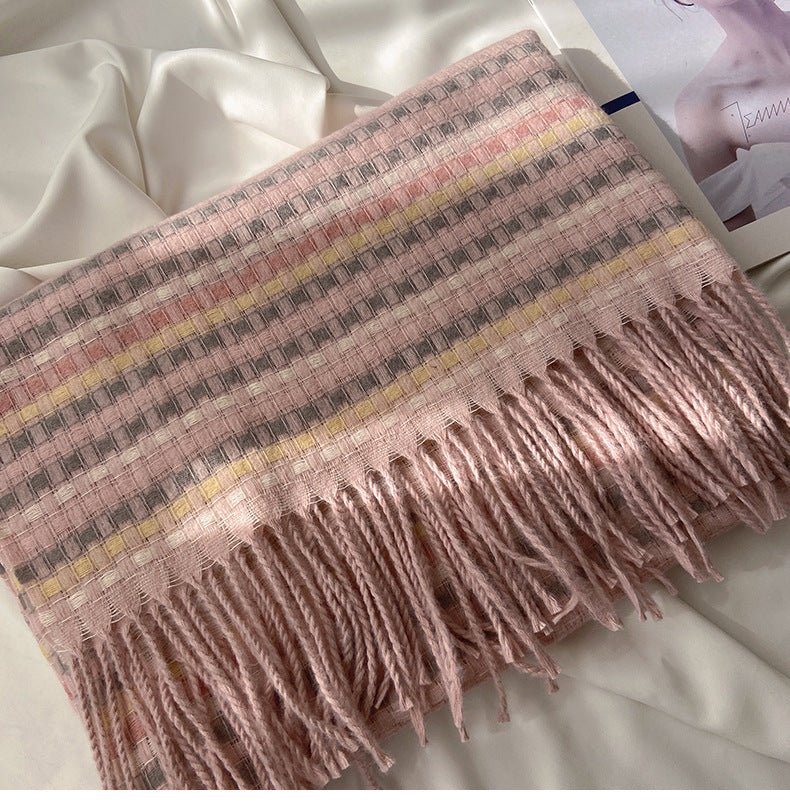 Mariam's Collection Vibrant Plaid Scarf Faux Wool Warm Shawl with Fringe (MAC334) — back view