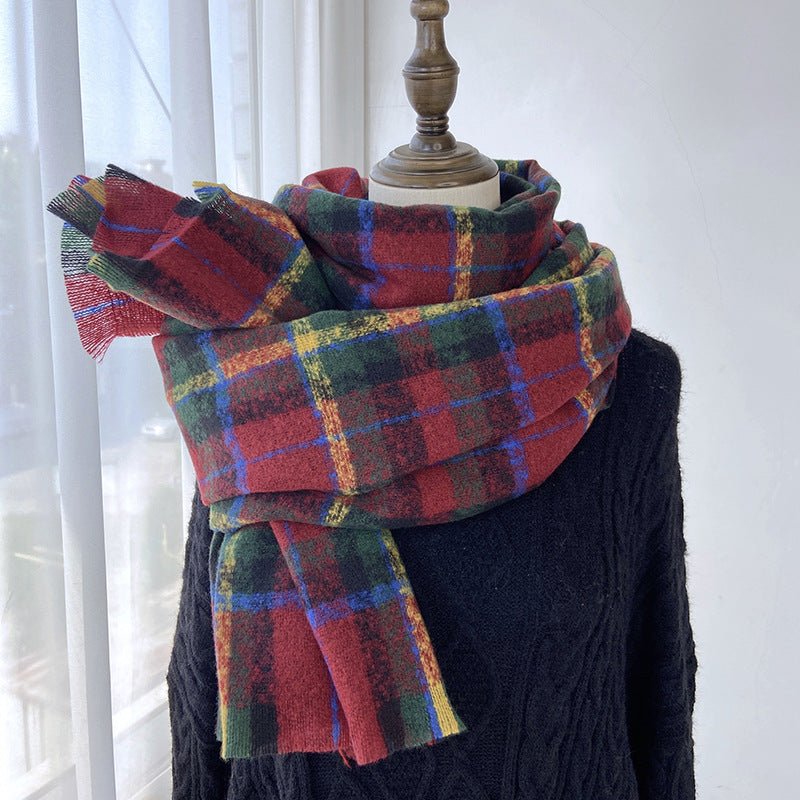 Mariam's Collection Vibrant Plaid Scarf Faux Wool Warm Shawl with Fringe (MAC334) — flat-lay composition