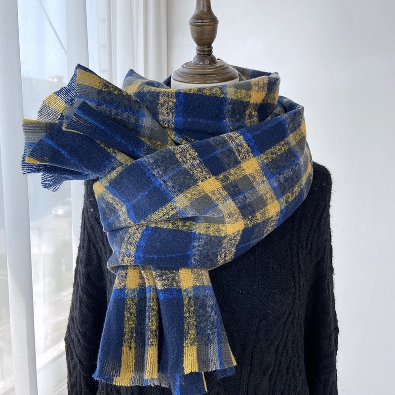 Mariam's Collection Vibrant Plaid Scarf Faux Wool Warm Shawl with Fringe (MAC334) — product on model