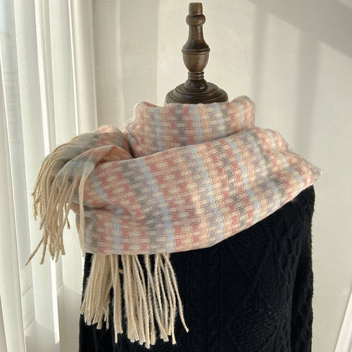 Vibrant Plaid Scarf Faux Wool Warm Shawl with Fringe (MAC334)