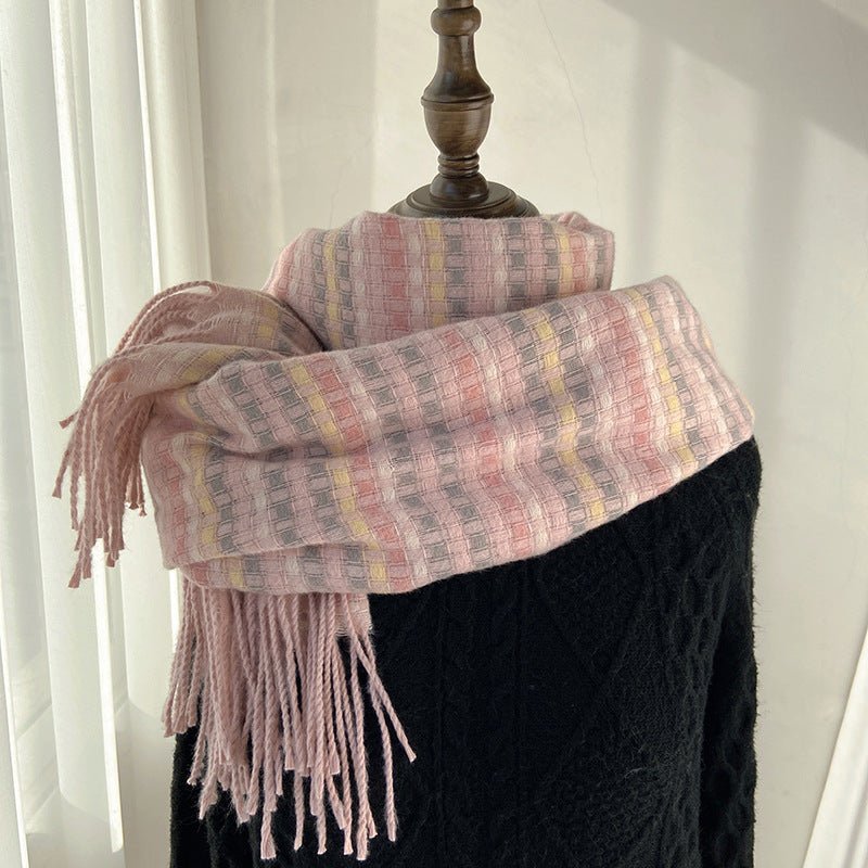 Mariam's Collection Vibrant Plaid Scarf Faux Wool Warm Shawl with Fringe (MAC334) — detail shot 6