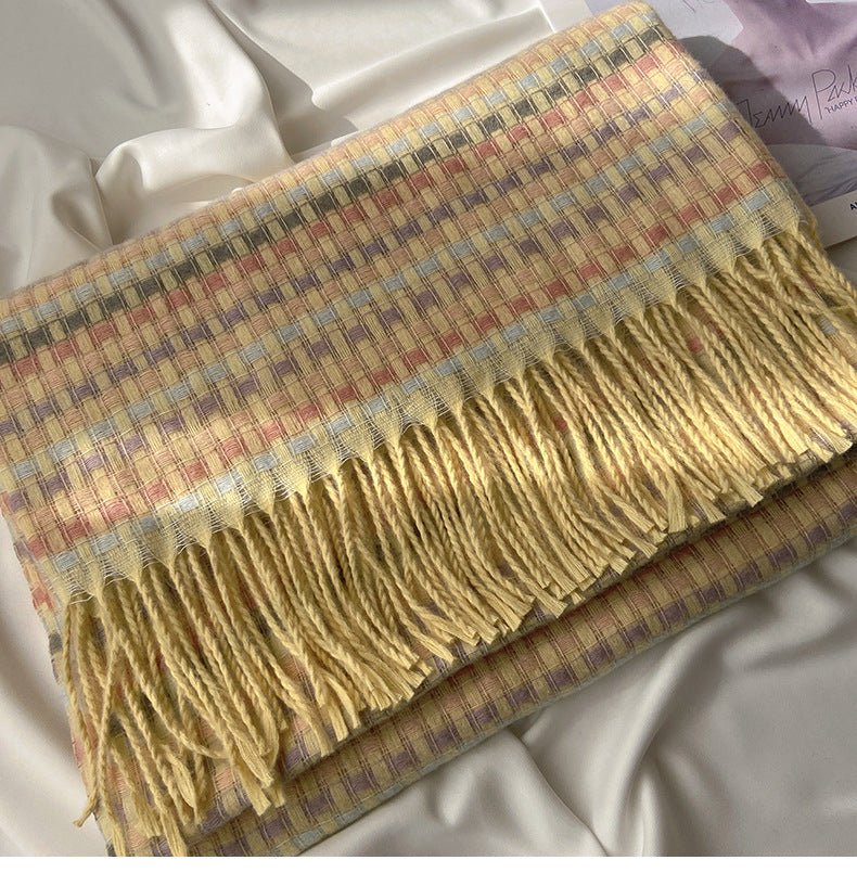 Mariam's Collection Vibrant Plaid Scarf Faux Wool Warm Shawl with Fringe (MAC334) — side view