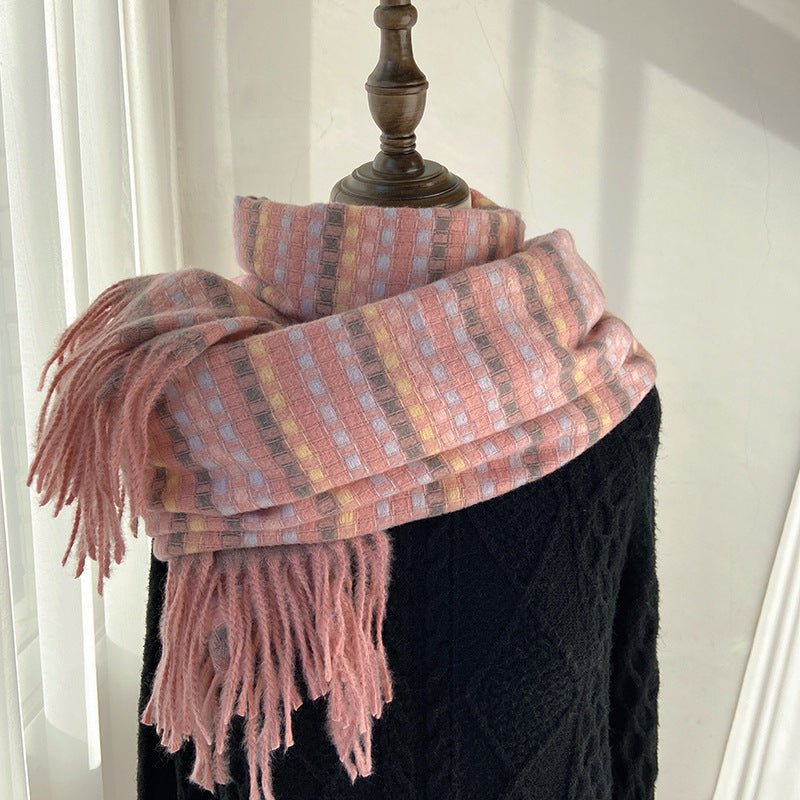 Mariam's Collection Vibrant Plaid Scarf Faux Wool Warm Shawl with Fringe (MAC334) — lifestyle worn / used context