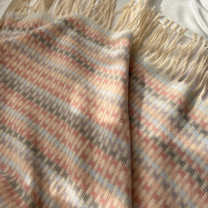 Mariam's Collection Vibrant Plaid Scarf Faux Wool Warm Shawl with Fringe (MAC334) — Mariam's Collection branding close-up