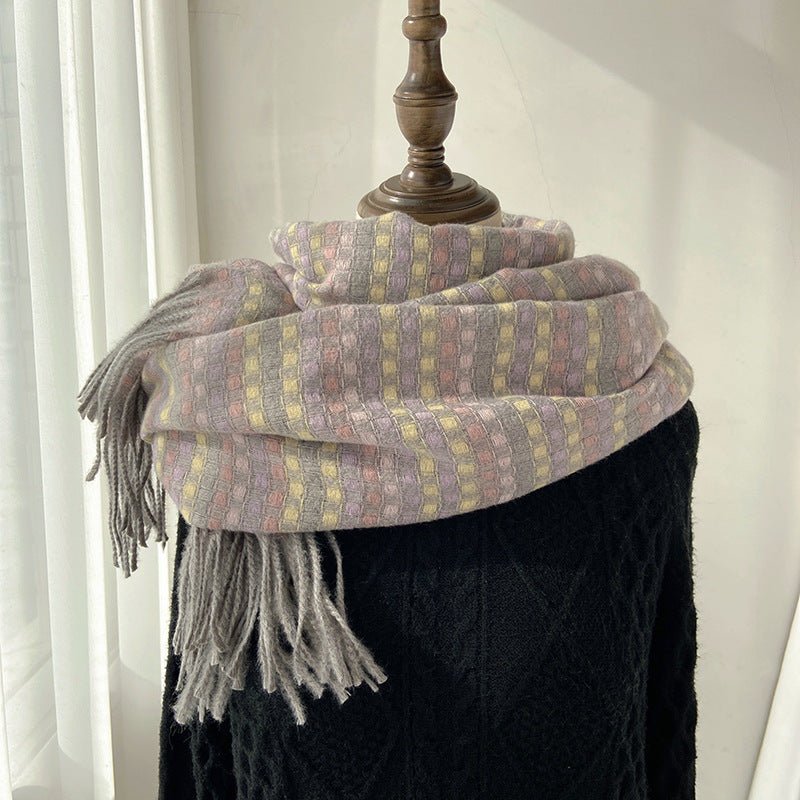 Mariam's Collection Vibrant Plaid Scarf Faux Wool Warm Shawl with Fringe (MAC334) — detail shot 7