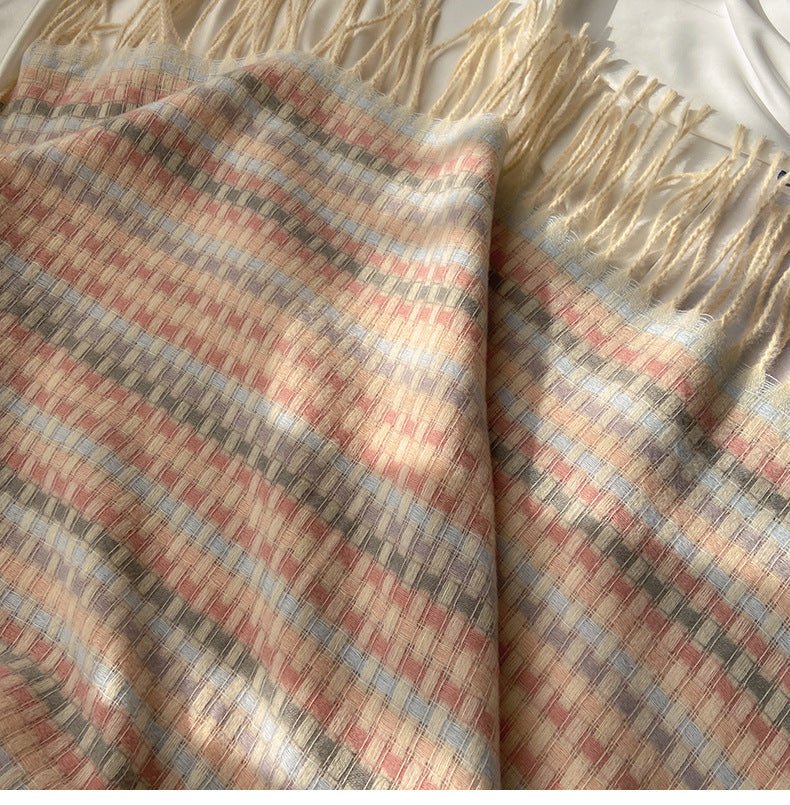 Mariam's Collection Vibrant Plaid Scarf Faux Wool Warm Shawl with Fringe (MAC334) — detail close-up