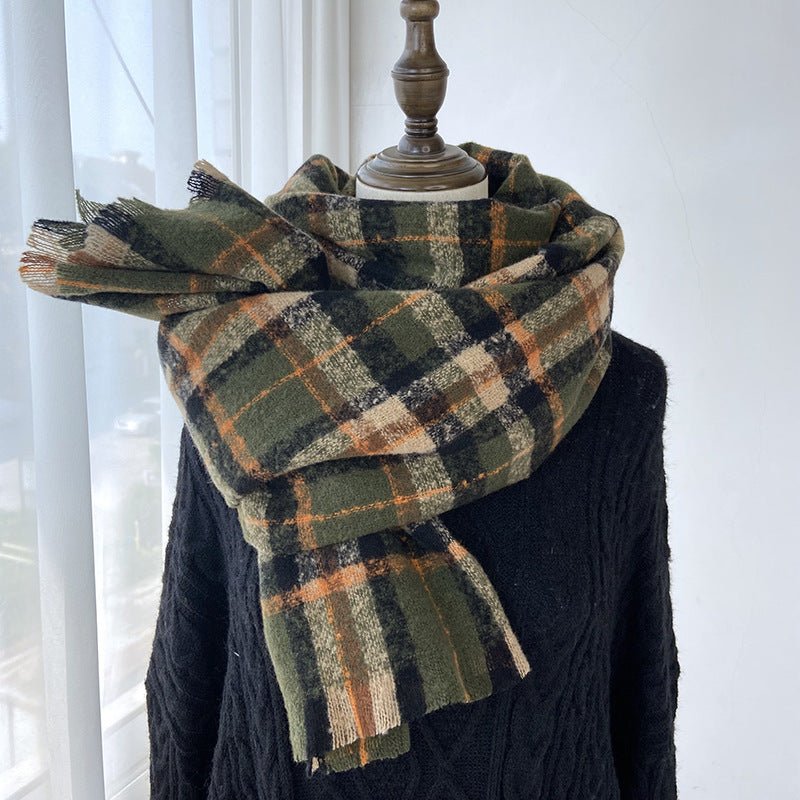 Mariam's Collection Vibrant Plaid Scarf Faux Wool Warm Shawl with Fringe (MAC334) — fabric or material detail