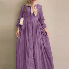 Vintage Button-Front Abaya Dress | Long Sleeve Modest Robe (MA256)