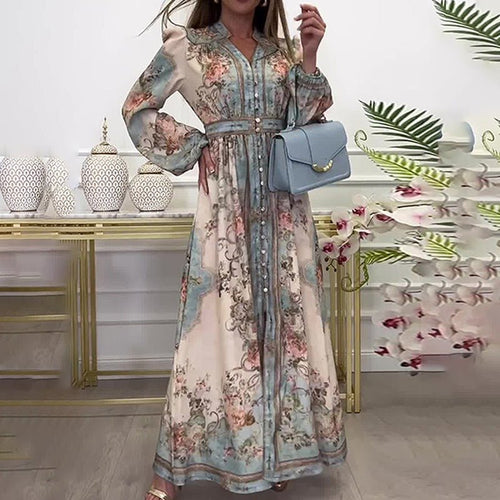 Vintage Floral Maxi Dress | V-Neck Long Sleeve Victorian Style Dress(MA378)