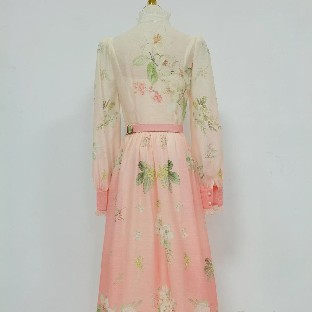 Vintage Floral Print Dress with Ruffle Collar(MS357)