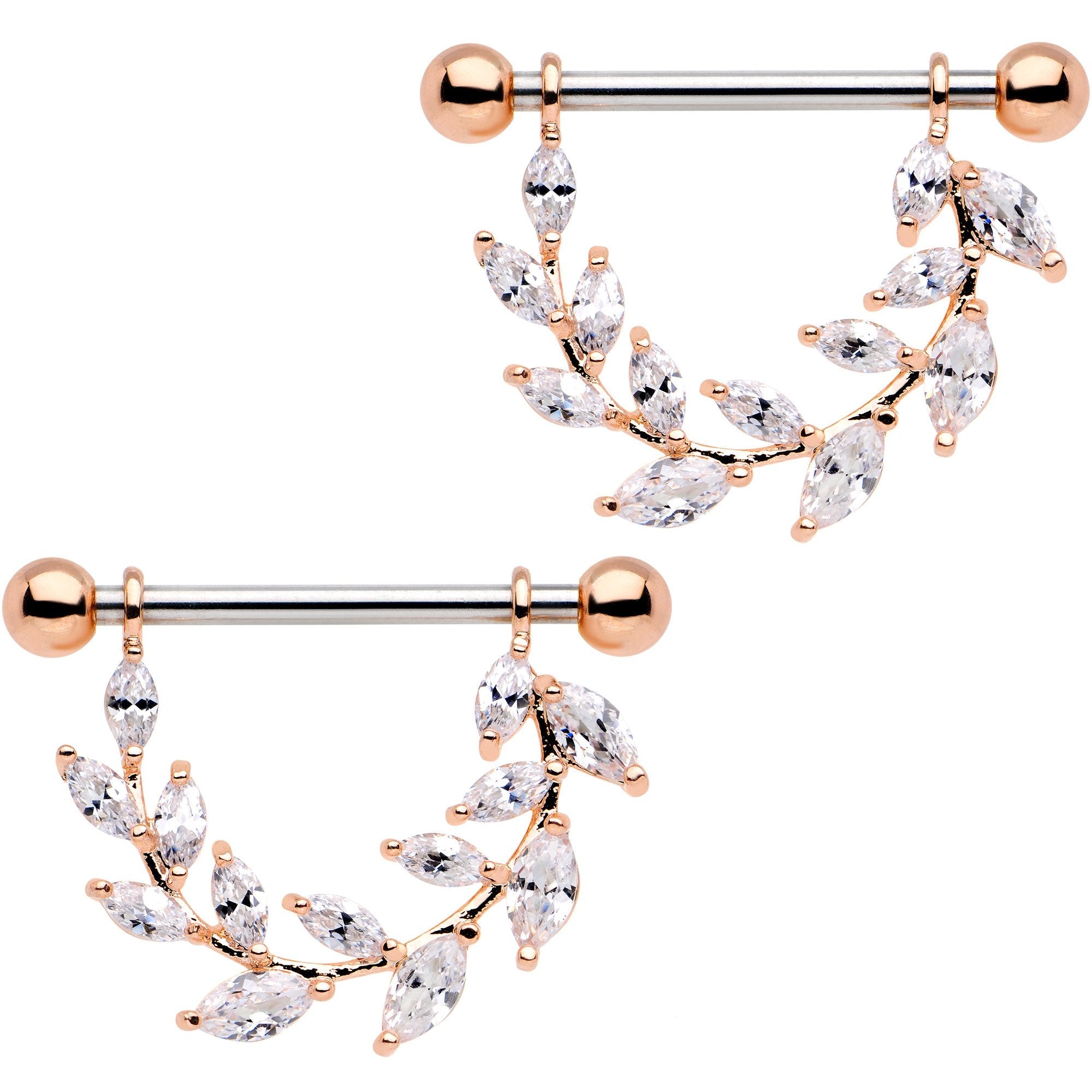 BodyCandy 9/16 Clear CZ Gem Rose Gold Tone Ivy Leaf Dangle Nipple Ring Set — main product shot