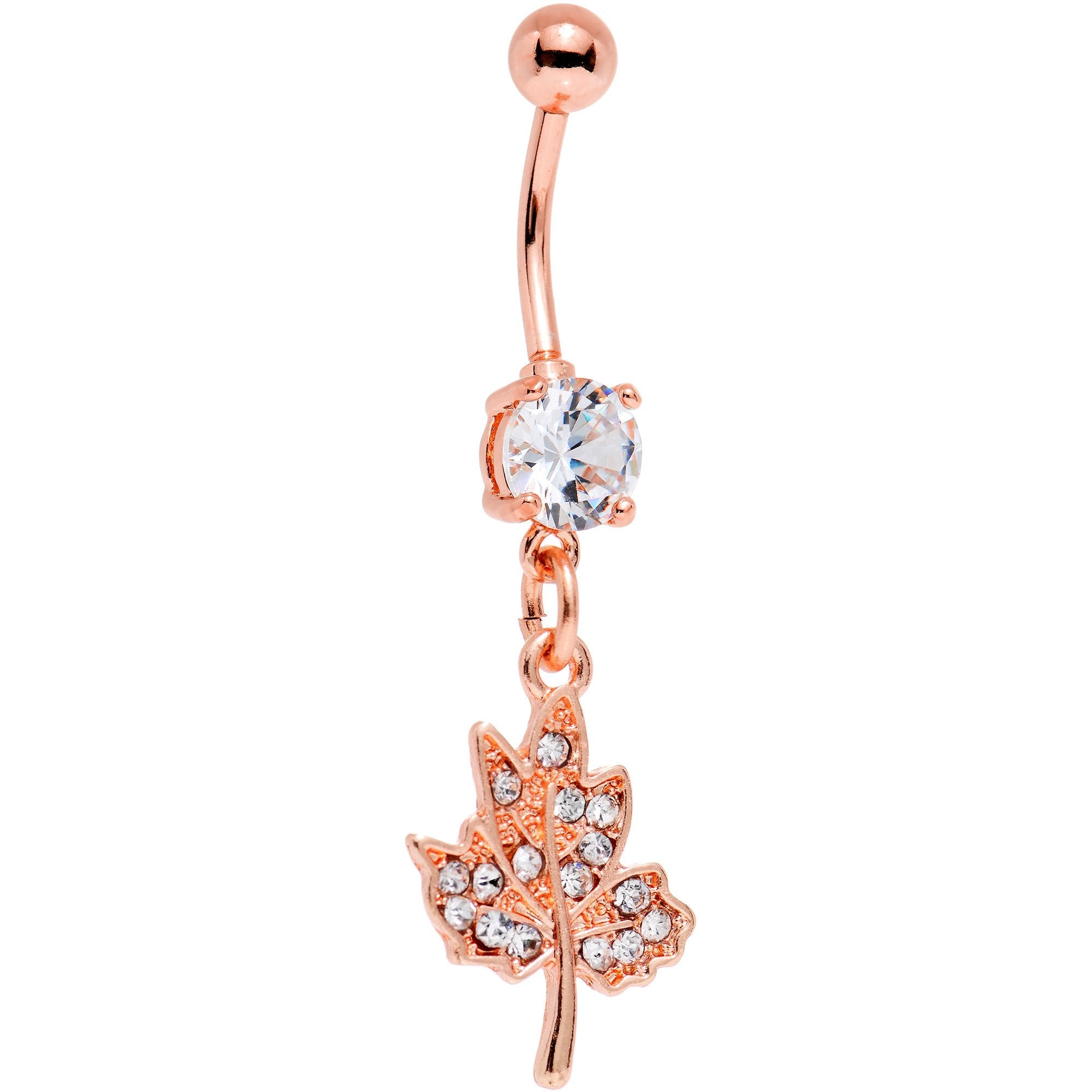 BodyCandy Clear Gem Rose Gold PVD Maple Leaf Dangle Belly Ring — main product shot