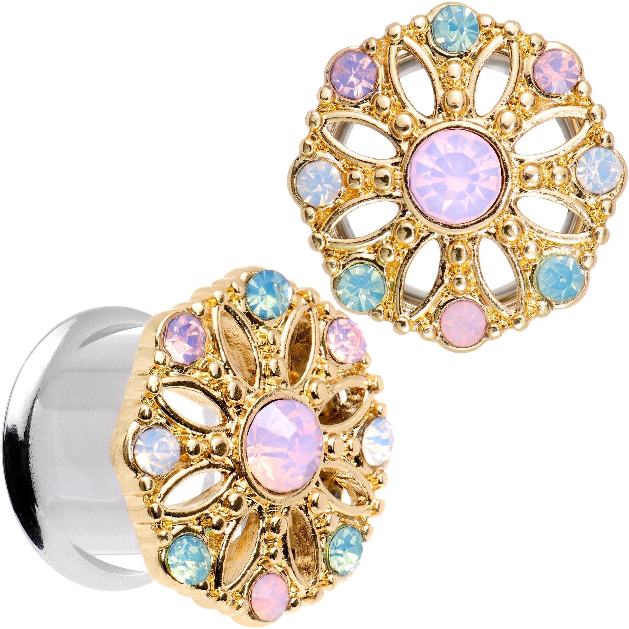 BodyCandy Pink Green White Gem Glam Flower Double Flare Tunnel Plug Set — size reference