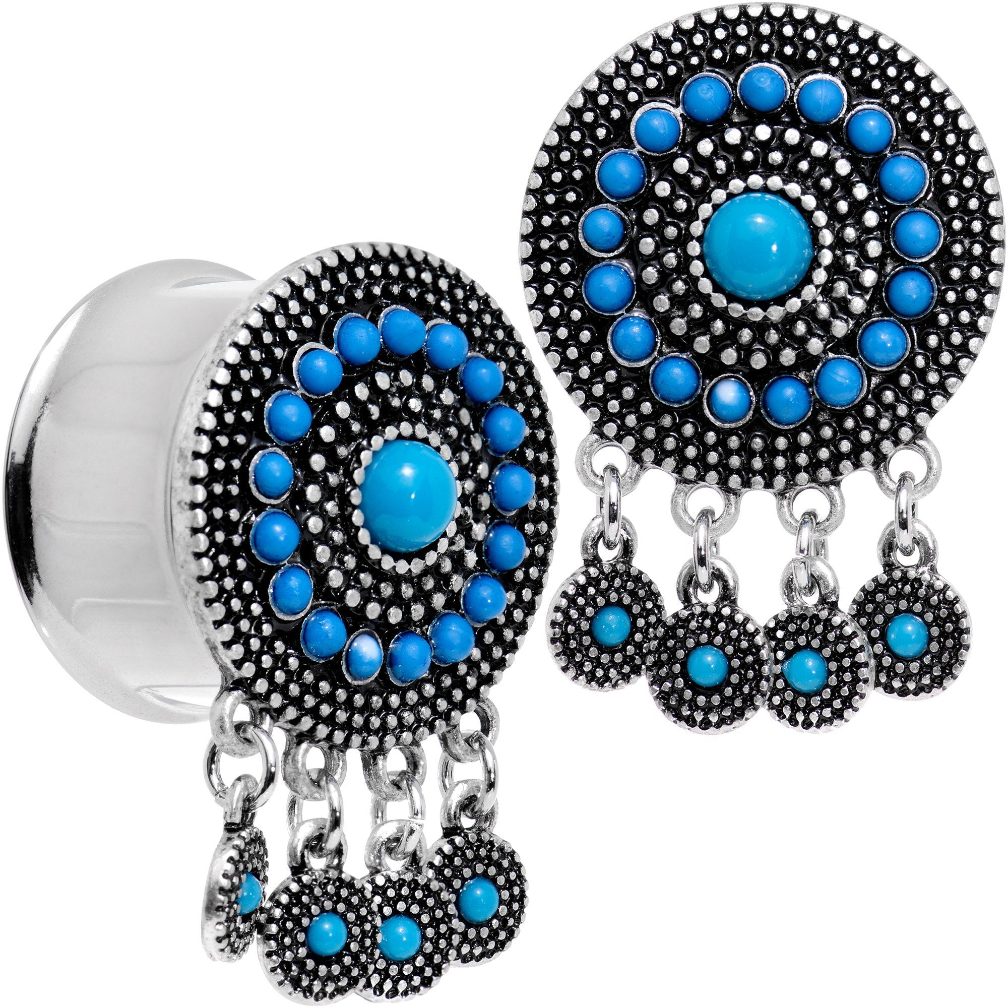 BodyCandy Southwest Blue Drum Dreamcatcher Dangle Double Flare Plug Set 6mm to 25mm — comparison shot