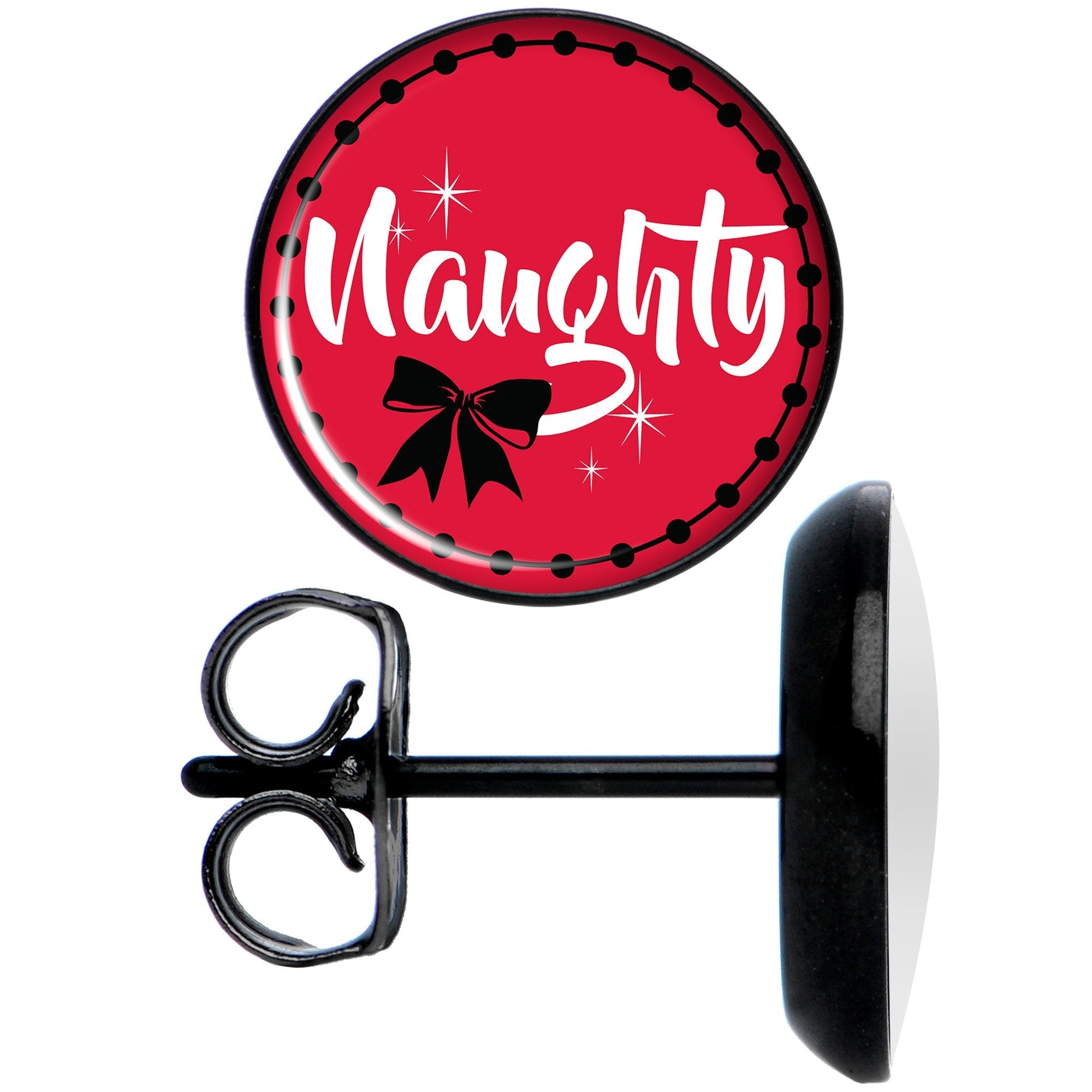 BodyCandy Red Holiday Naught Nice Black Stud Earrings — detail and construction