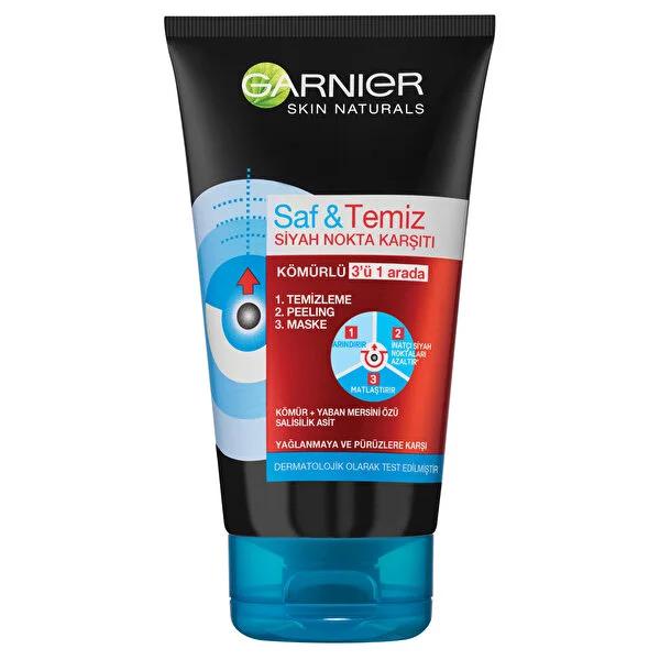 Garnier Skin Naturals 3-in-1 Charcoal Face Mask, Cleanser & Exfoliator - Blackhead Removal, Salicylic Acid Skincare
