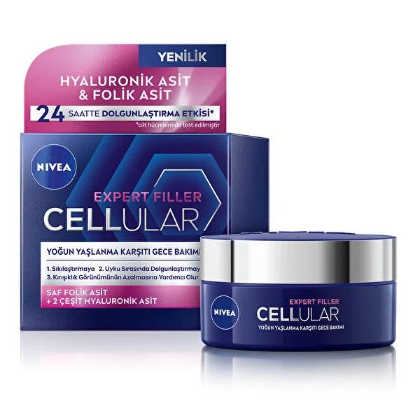 Nivea Anti-Aging Night Face Cream - Nivea Cellular Expert Filler, Firming, Anti-Wrinkle, Hyaluronic Acid, Folic Acid, 1.69 fl oz