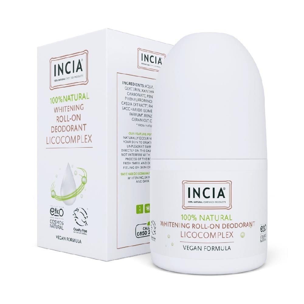 Incia Natural Whitening Roll On Deodorant 50 Ml - Non-Antiperspirant, Natural Mineral Salt, Licorice Root Extract