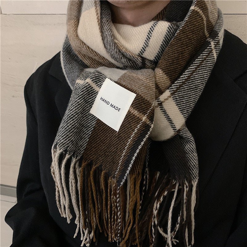 Mariam's Collection Warm Versatile Soft Plaid Scarf with Fringe (MAC333) — lifestyle worn / used context