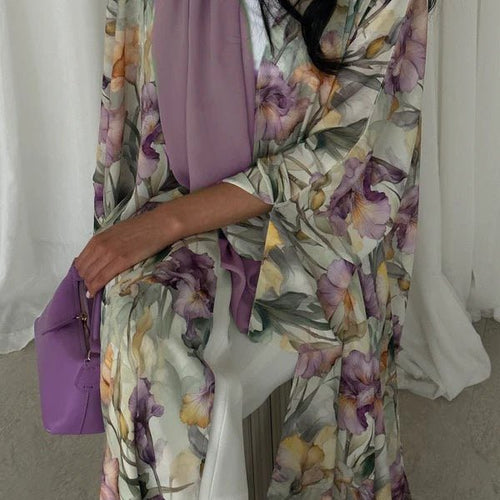 Watercolor Floral Print Abaya Set(MOA257)