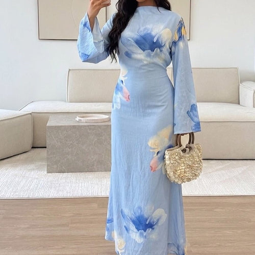 Watercolour Floral Washed-Crinkle Wide-Sleeve Maxi Dress(MS473)
