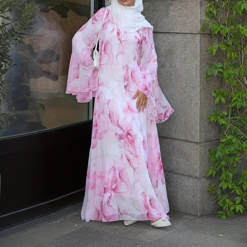 Watercolour Print Double-Layer Flared-Sleeve Maxi Dress(MS479)