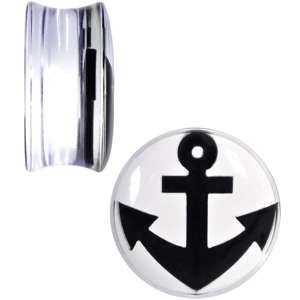 BodyCandy Clear Acrylic Black Anchor Saddle Plug Set 6mm to 20mm — detail close-up