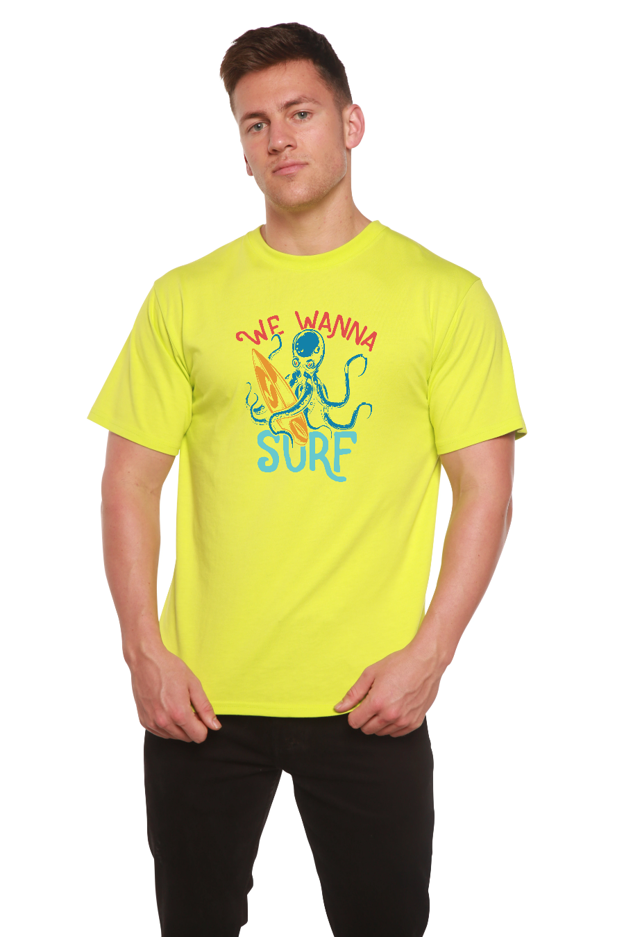 Spun Bamboo We Wanna Surf Men's Bamboo Viscose/Organic Cotton Short Sleeve Graphic T-Shirt — comparison shot