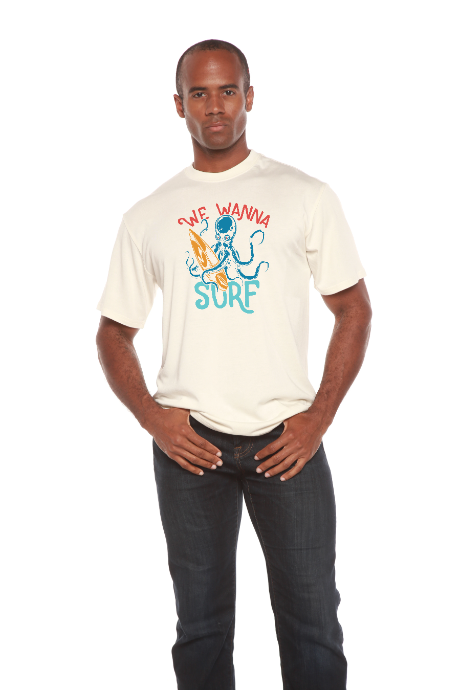 Spun Bamboo We Wanna Surf Men's Bamboo Viscose/Organic Cotton Short Sleeve Graphic T-Shirt — fabric or material detail