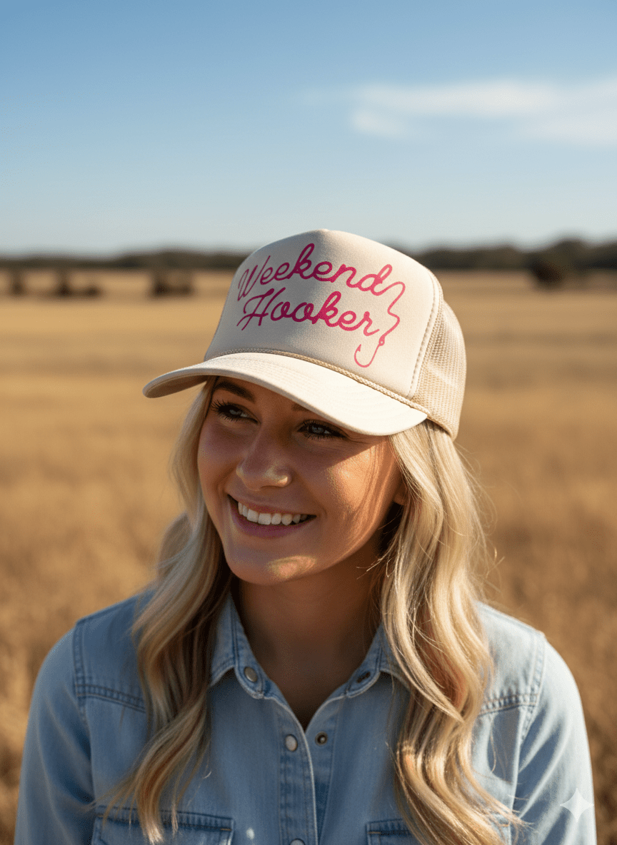 Wild Junkie Weekend Hooker Trucker Hat — construction detail