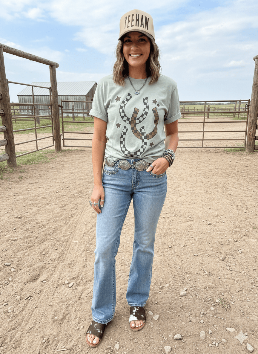 Wild Junkie Western Checkered Horseshoe Graphic Tee — construction detail
