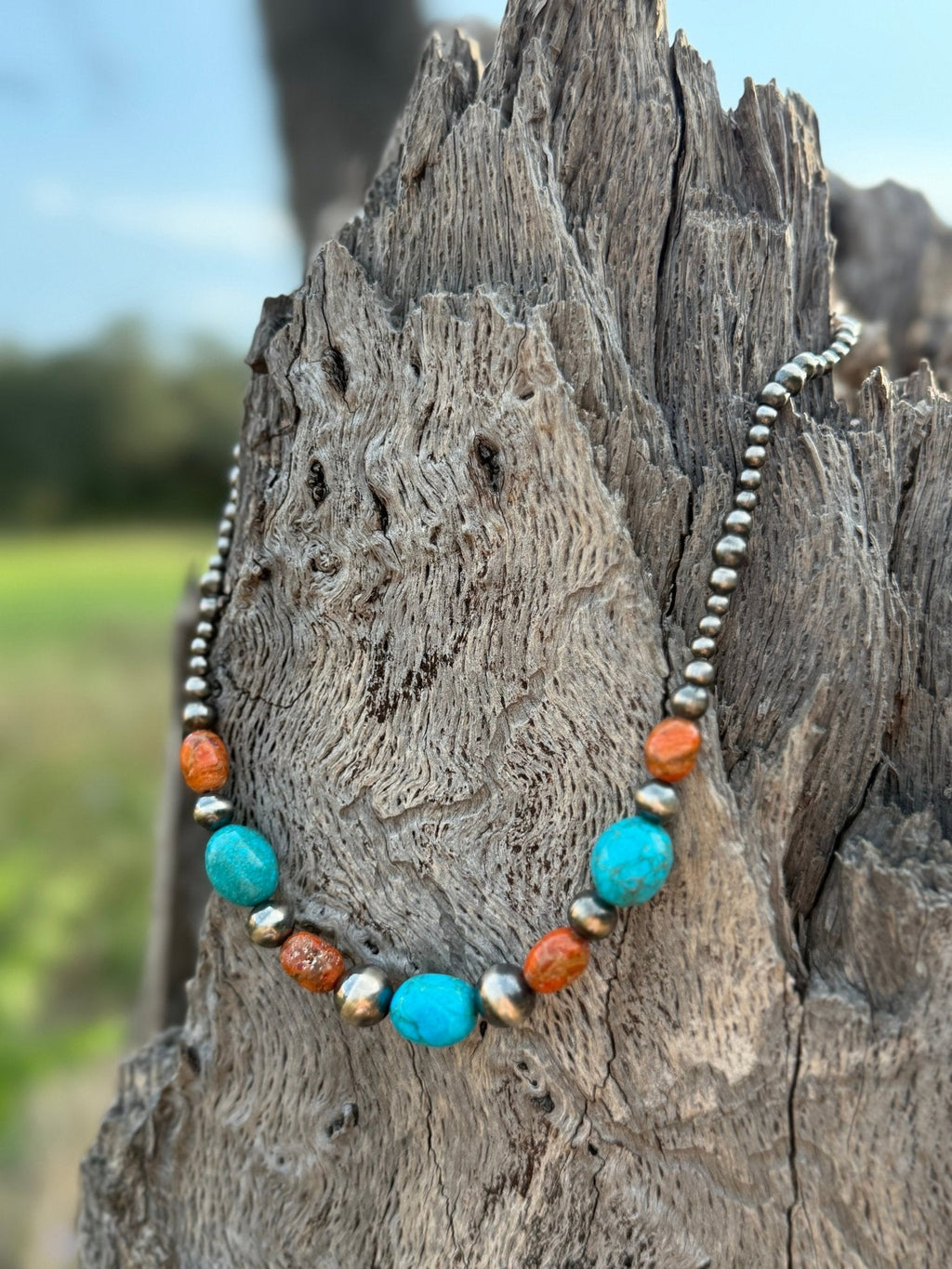 Wild Junkie Sterling Silver Western Coral Apple Beaded Necklace — detail close-up