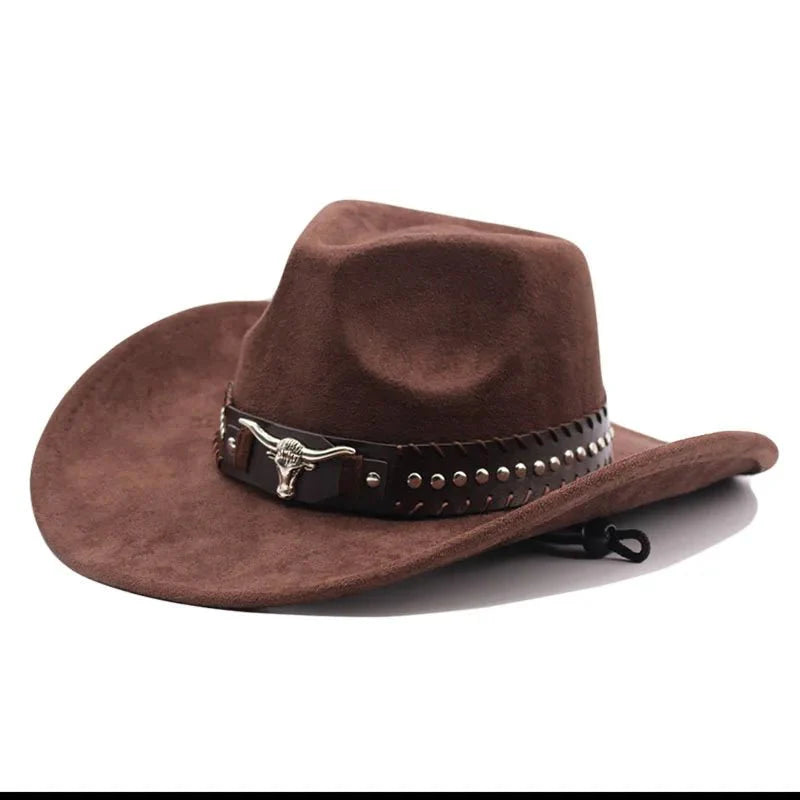 Western cowboy hat with bullhead rivets, curved brim, windproof rope, and felt for outdoor riding and jazz hats